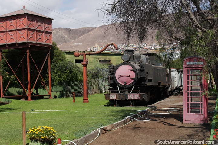 Antique railway station and museum in Antofagasta with an old train and telephone box. (720x480px). Chile, South America.