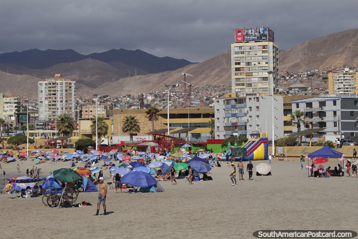 Looking across Paraiso Beach and the distant mountains in Antofagasta. (720x480px). Chile, South America.