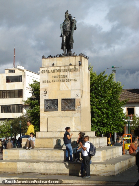 Monument to Antonio Narino (1765-1824) in the main plaza in Pasto, a military leader. (480x640px). Colombia, South America.