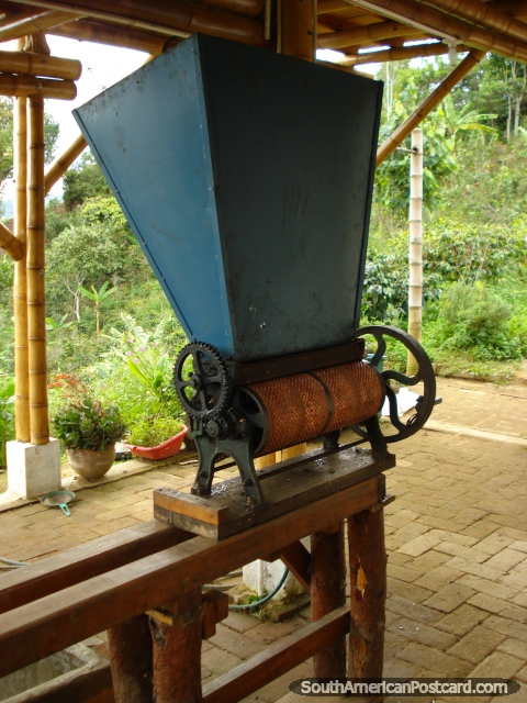 An old machine for de-skinning coffee beans at a farm in Salento. (480x640px). Colombia, South America.