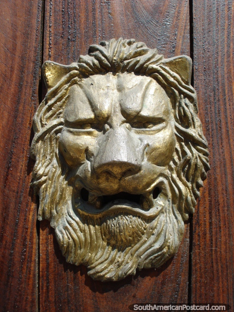 Gold lion head on a dark brown wooden door in Cartagena. (480x640px). Colombia, South America.