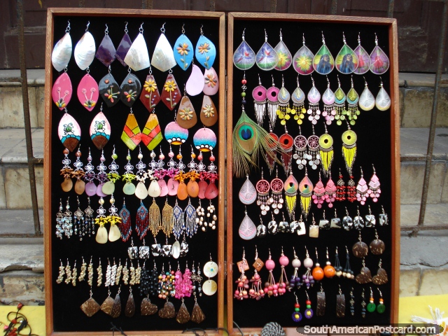 Colorful earrings for sale on a Cartagena street. (640x480px). Colombia, South America.