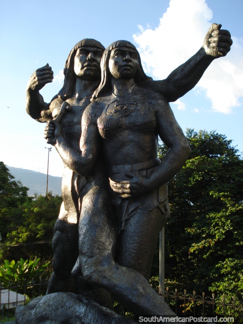 Statue at Cerro Nutibara in Medellin of 2 warriors. (480x640px). Colombia, South America.