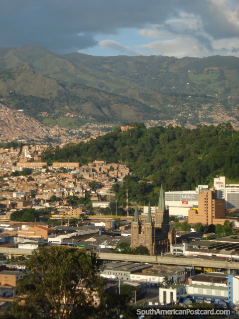 View of Medellin and church from mountain Cerro Nutibara. (480x640px). Colombia, South America.