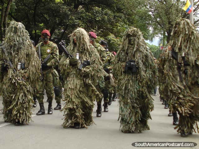 Colombia Army in camouflage suits on parade in Medellin. (640x480px). Colombia, South America.