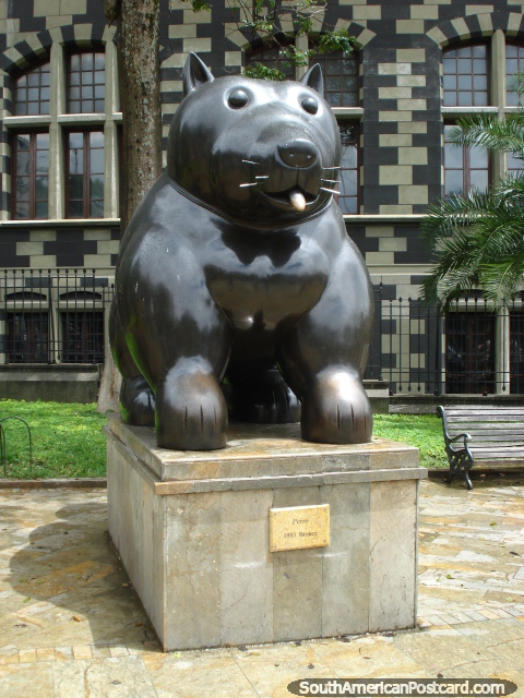 A bronze dog (1991) at Plaza Botero in downtown Medellin. (480x640px). Colombia, South America.