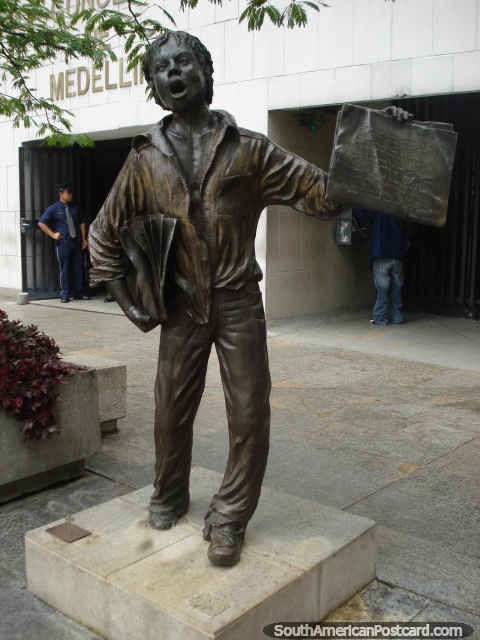 Bronze sculpture of a paper boy in Medellin. (480x640px). Colombia, South America.