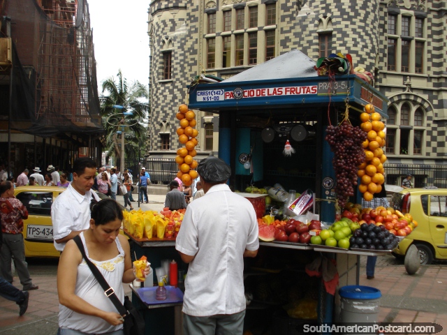 Fruit and fruit salad stand in downtown Medellin. (640x480px). Colombia, South America.