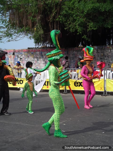 Cobras of Cartagena wear snake outfits and snake hats at Barranquilla Carnival. (480x640px). Colombia, South America.