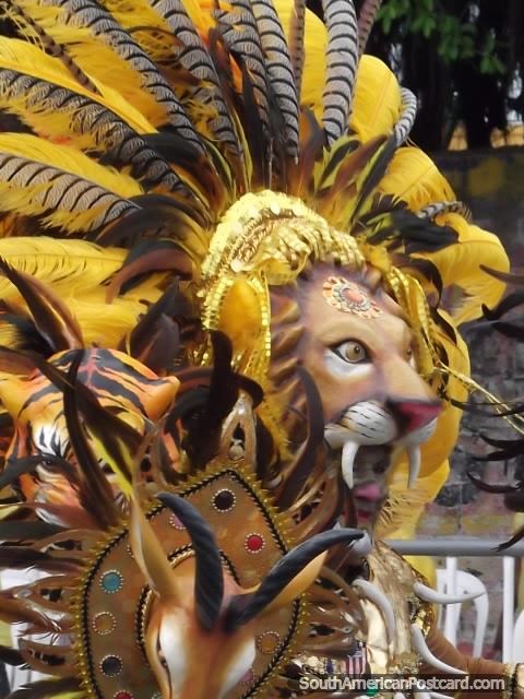 Traje de leão amarelo assombroso usado em Carnaval de Barranquilla. (480x640px). Colômbia, América do Sul.