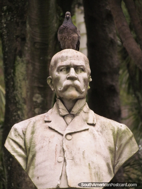 Carlos Martinez-Silva statue with pigeon on head in Bogota. (480x640px). Colombia, South America.