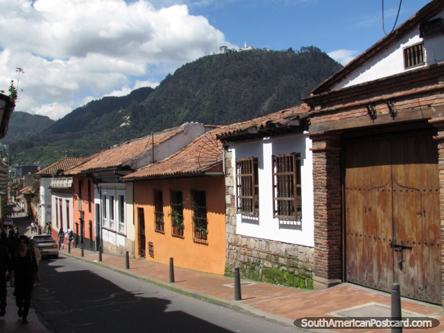 A La Candelaria street and Cerro Monserrate with church at top, Bogota. (640x480px). Colombia, South America.