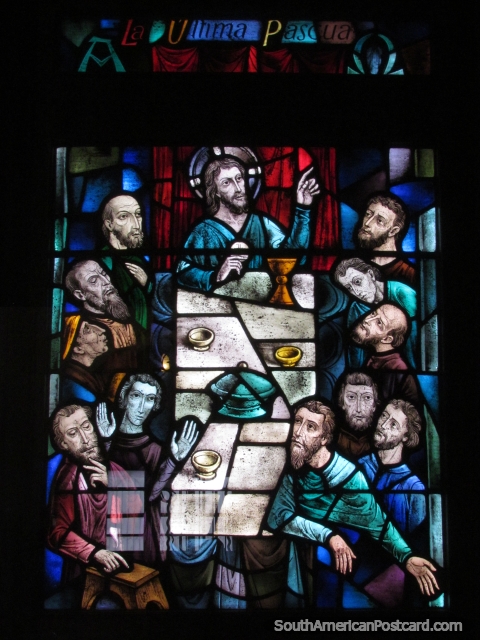 12 men stained glass window at Church Monserrate in Bogota. (480x640px). Colombia, South America.