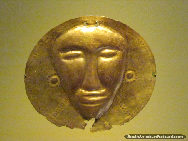 Gold indian face at gold museum Museo del Oro in Bogota. (640x480px). Colombia, South America.