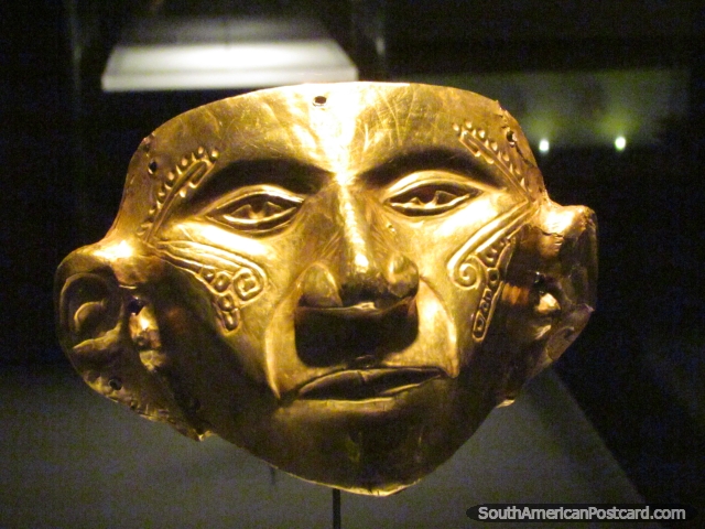 Gold indigenous face at Museo del Oro gold museum in Bogota. (640x480px). Colombia, South America.