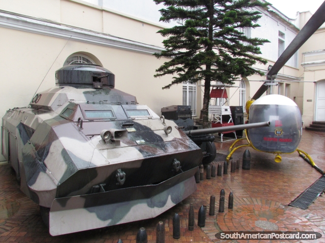 Tank and helicopter at Museo Militar, military museum in Bogota. (640x480px). Colombia, South America.