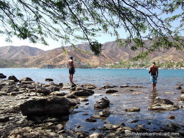 Trees, rocks, shade and water, lovely scene from Taganga. (640x480px). Colombia, South America.