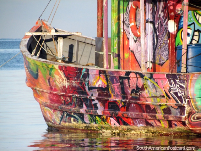 Colorful fishing boat reflects in the morning sun, Taganga. (640x480px). Colombia, South America.