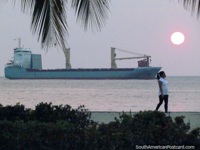 Huge ship heads to Santa Marta port, view at sunset. (640x480px). Colombia, South America.