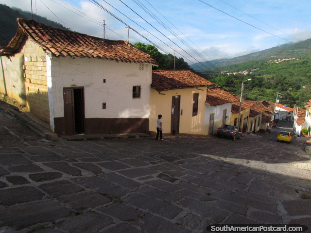 Steep cobblestone street in San Gil and houses. (640x480px). Colombia, South America.