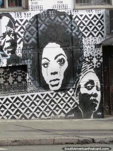 Mujer con afro, graffiti de la pared en Bogotá. (480x640px). Colombia, Sudamerica.