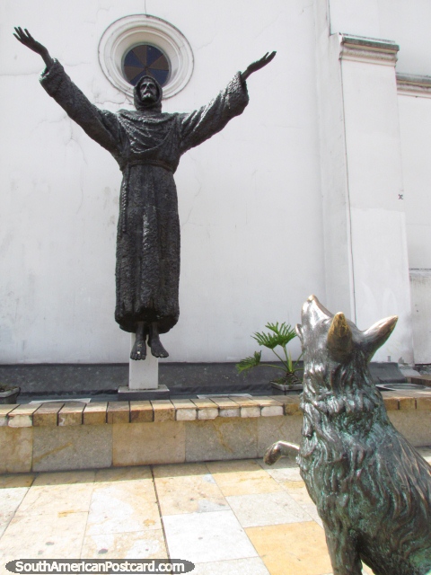 Bernardo Herrera with dog statue in Bogota, (1844-1928), a clergyman. (480x640px). Colombia, South America.