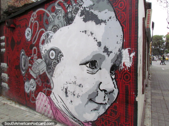El beb sonriente con cerebral electrnica, mural en la pared en Bogot. (640x480px). Colombia, Sudamerica.