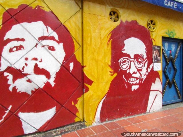 The guy on the left is Che Guevara, a wall mural in Bogota. (640x480px). Colombia, South America.