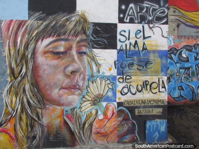 Girl with a flower, nice wall mural in Bogota. (640x480px). Colombia, South America.
