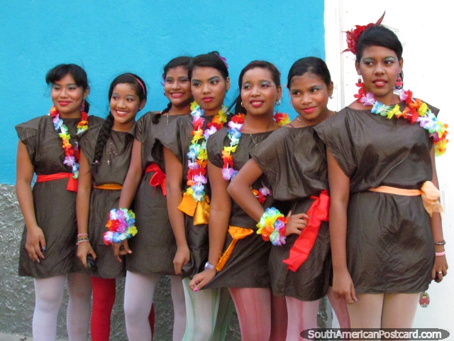 7 beautiful local Taganga women dressed up for carnival. (640x480px). Colombia, South America.