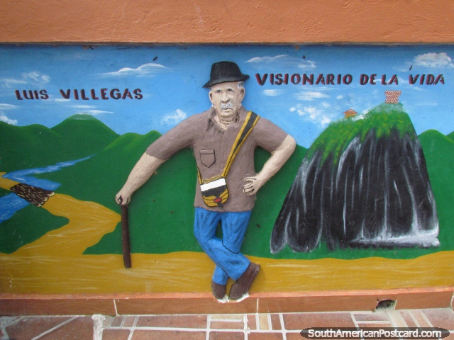Mural of Luis Villegas at the top of the Rock of Guatape, he climbed it first in 1954. (640x480px). Colombia, South America.