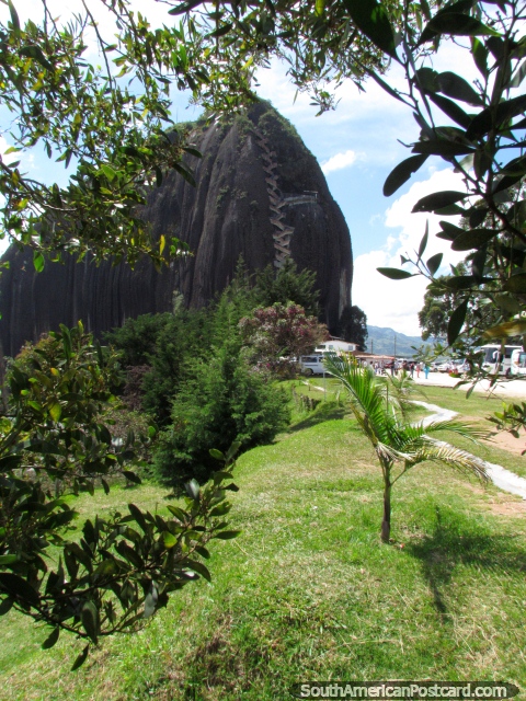 View of La Piedra from under a tree, the rock of Guatape. (480x640px). Colombia, South America.