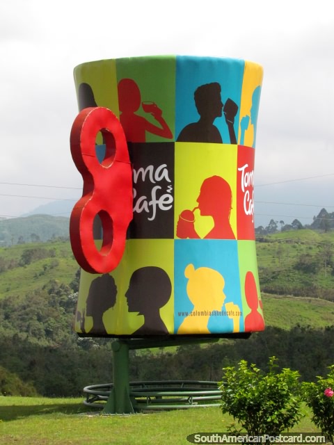 A large colorful coffee cup in the heart of coffee country around Armenia. (480x640px). Colombia, South America.