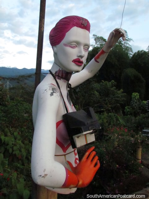 A mannequin with pink hair, an orange glove and a camera, Armenia. (480x640px). Colombia, South America.
