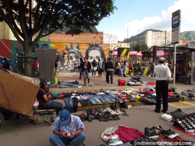 Second hand clothes, jeans and all kinds of stuff for sale in the street markets in Bogota. (640x480px). Colombia, South America.
