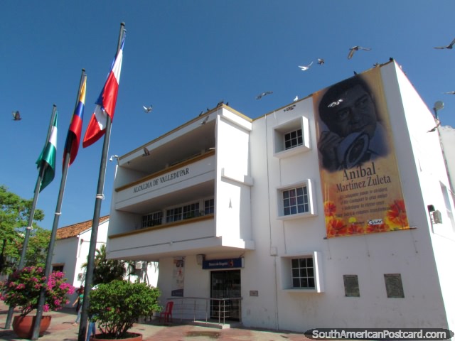 Alcaldia de Valledupar, local government buildings in Valledupar and banner of singer Anibal Martinez Zuleta. (640x480px). Colombia, South America.