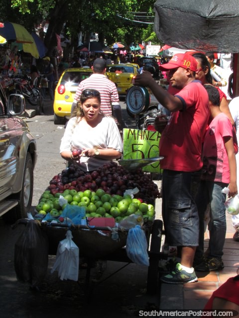 Manzanas verdes y ciruelas jugosos en venta en la calle en Valledupar. (480x640px). Colombia, Sudamerica.