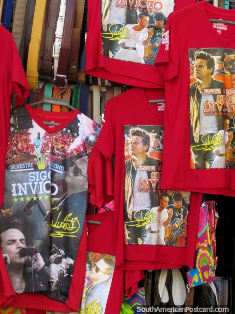 T-shirts of Vallenato king Silvestre Dangond for sale in Valledupar. (480x640px). Colombia, South America.
