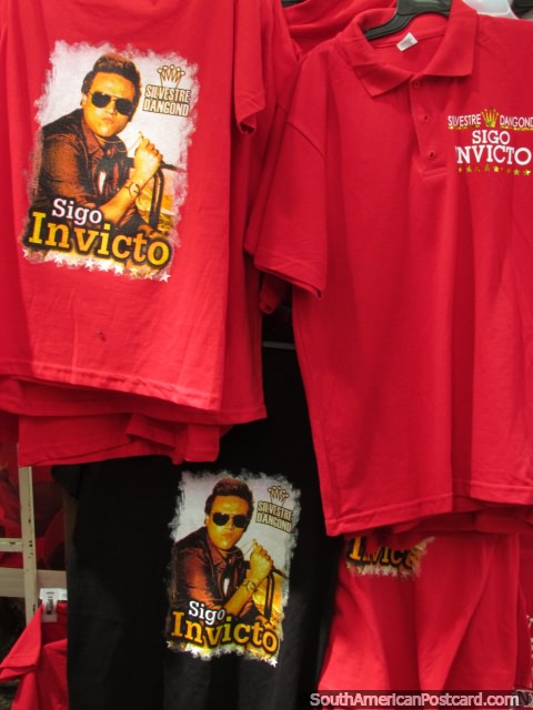 Red and black t-shirts of Silvestre Dangond for sale in Valledupar. (480x640px). Colombia, South America.