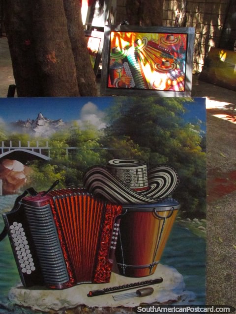 Traditional musical instruments and hat, a painting in Valledupar. (480x640px). Colombia, South America.