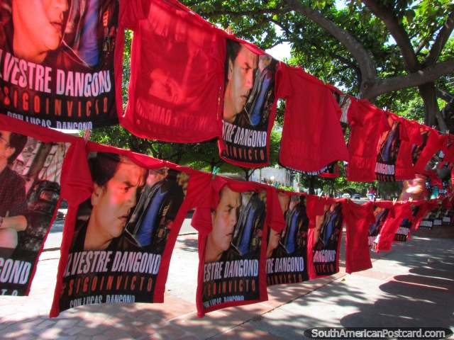 T-shirts of vallenato king Silvestre Dangond for sale on every street corner in Valledupar before the concert. (640x480px). Colombia, South America.