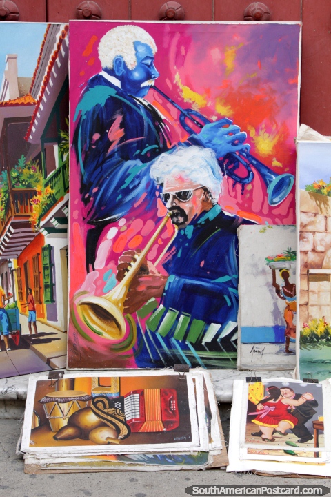 Um par de janotas de jazz estabelece a ranhura, que pinta para a venda em Cartagena. (480x720px). Colômbia, América do Sul.