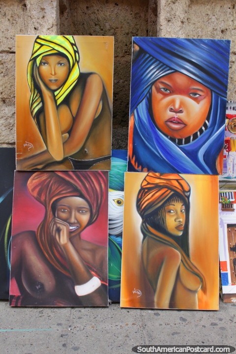 4 mulheres com agasalhos dianteiros, jogo colorido de pinturas de venda em Cartagena. (480x720px). Colmbia, Amrica do Sul.
