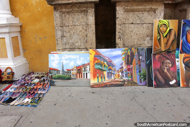 Paintings and footwear, paintings of the streets of Cartagena. (720x480px). Colombia, South America.
