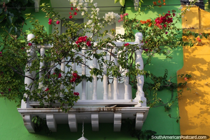 Flores de colores crecen en un pequeño balcón blanco en Cartagena. (720x480px). Colombia, Sudamerica.