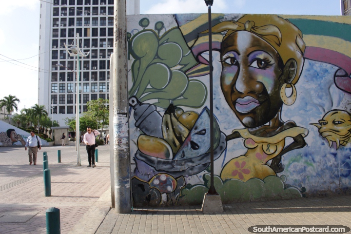 Mural of one of the beautiful fruit ladies of Cartagena. (720x480px). Colombia, South America.