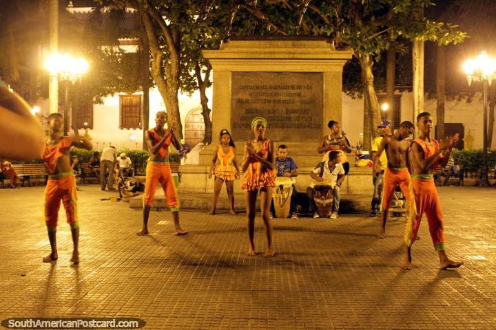 Performance of dancing and music in a plaza in central Cartagena at night. (720x480px). Colombia, South America.