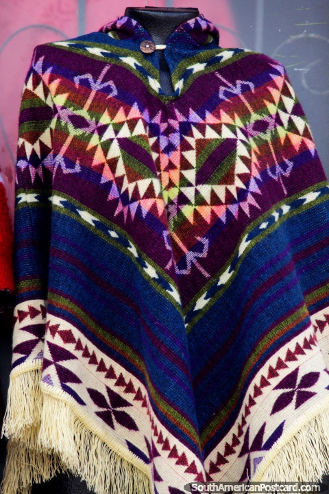 Traditional shawl for women, purple, blue and green, on display in Tunja. (480x720px). Colombia, South America.