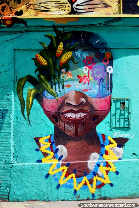 Mujer con peces y flores pintadas en una pared verde, arte callejero en Tunja. (480x720px). Colombia, Sudamerica.