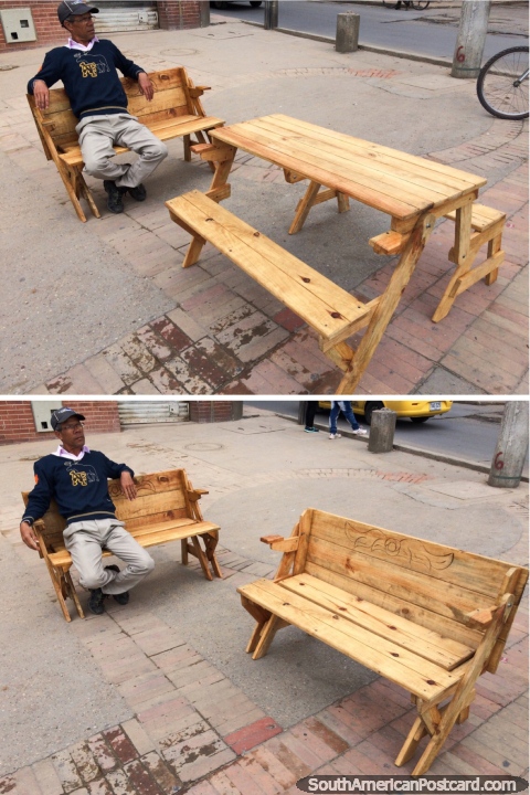 A mesa de madeira que transforma em um assento de banco, para a venda em Tunja. (480x720px). Colômbia, América do Sul.